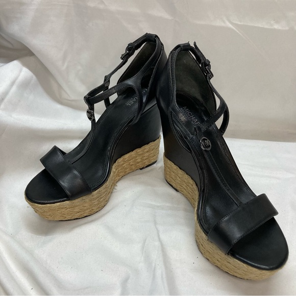 Michael Kors Shoes - Michael Kors Leather Espadrille Strappy Wedge Sandal Shoes Size 6 1/2 Black.